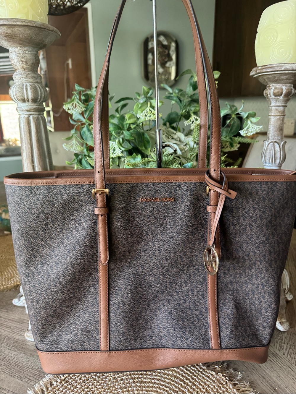 Michael Kors Brown MK Signature Tote with Tan Trim EXCELLENT Preloved Condition